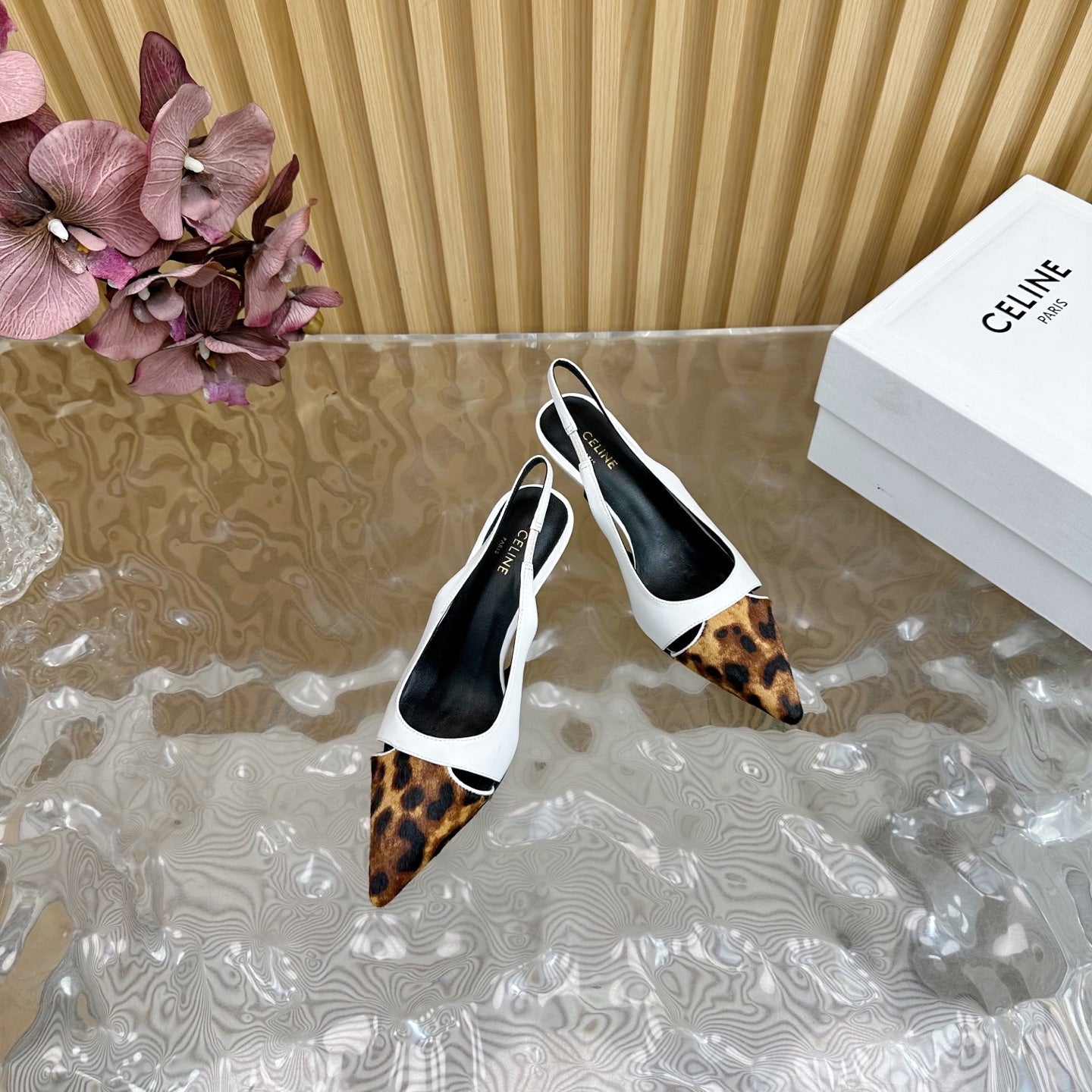 CL Judy Cap Toe Skingback 60mm In White Calfskin And Leopard Printed Hairy Calfskin 313781