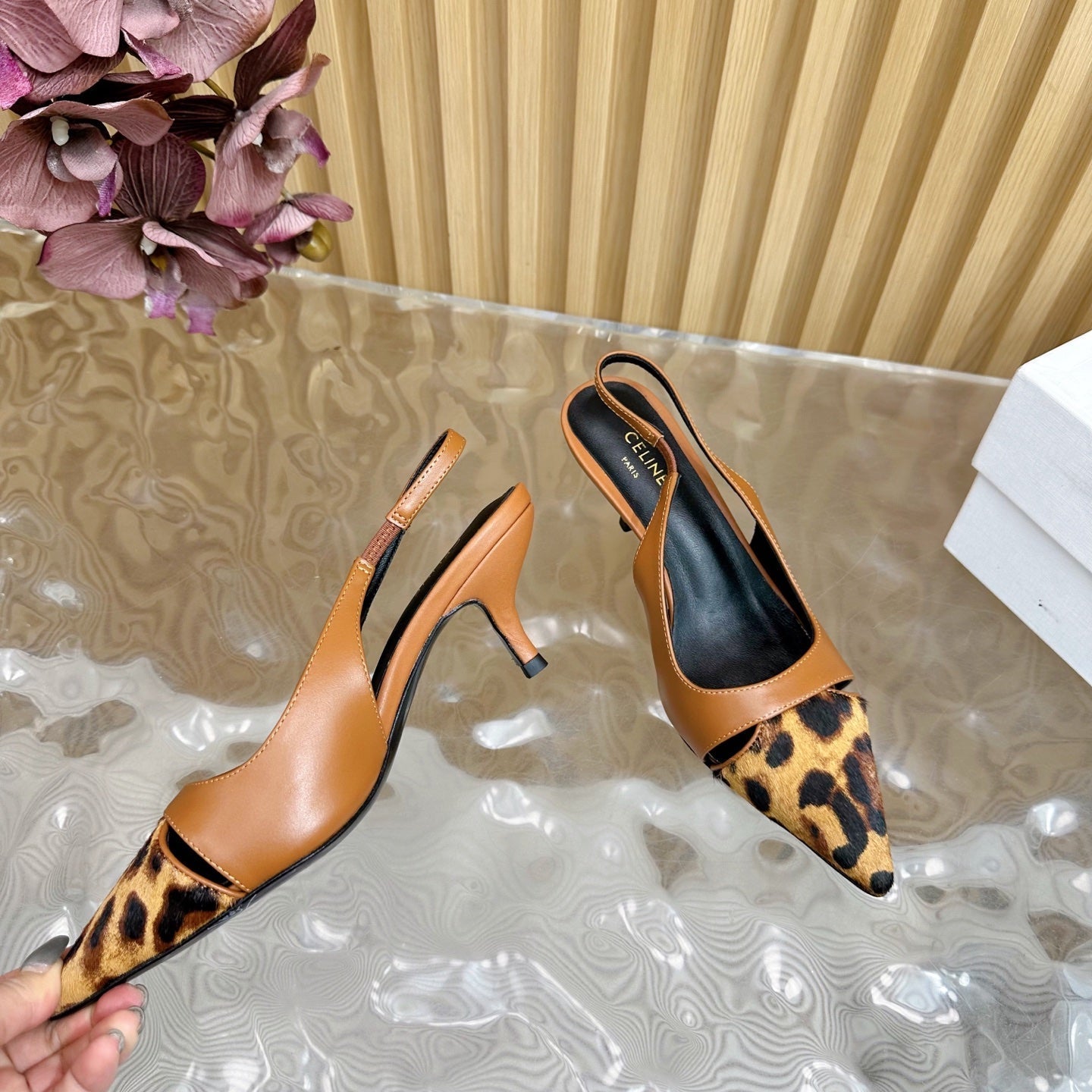 CL Judy Cap Toe Skingback 60mm In Tan Calfskin And Leopard Printed Hairy Calfskin 313783