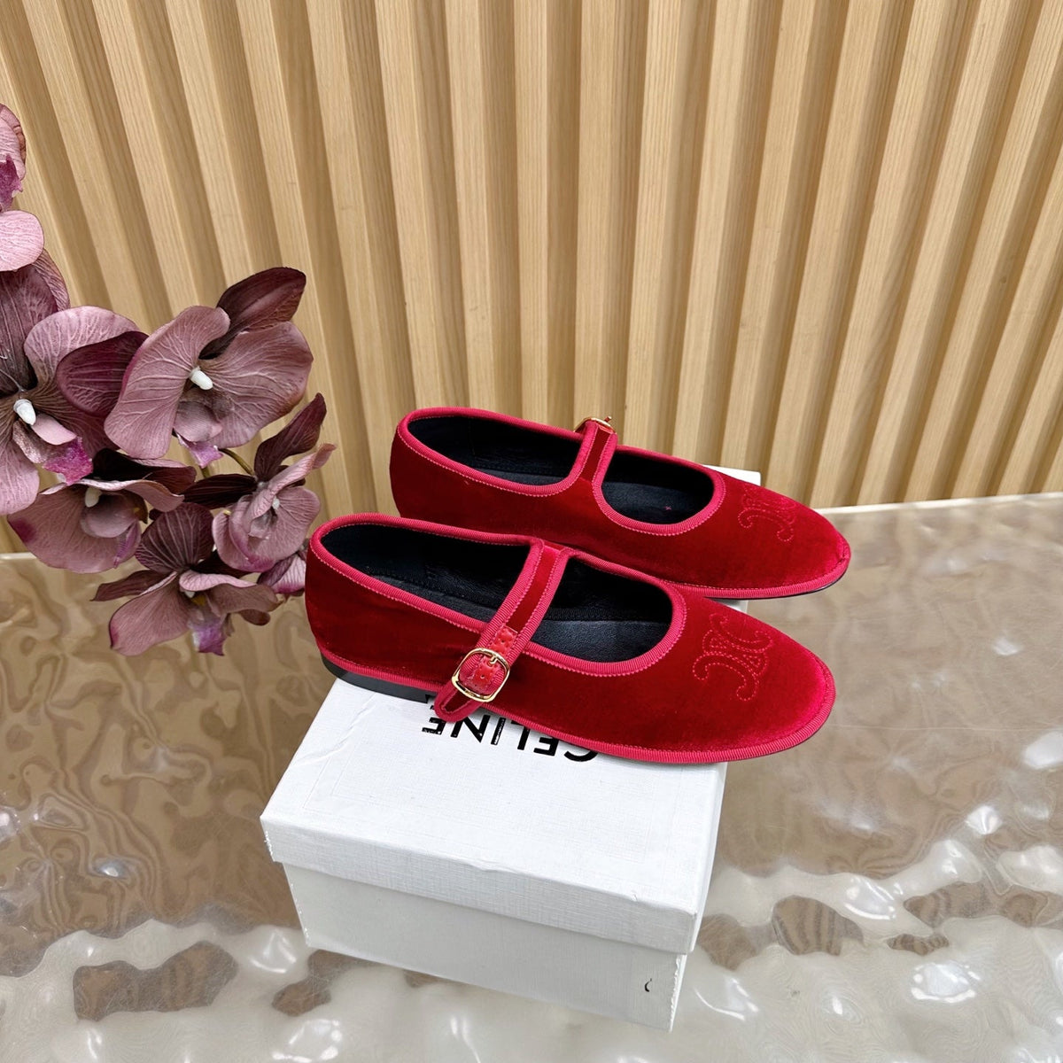 Celine 26s Mary Jane Flats In Red Velvet