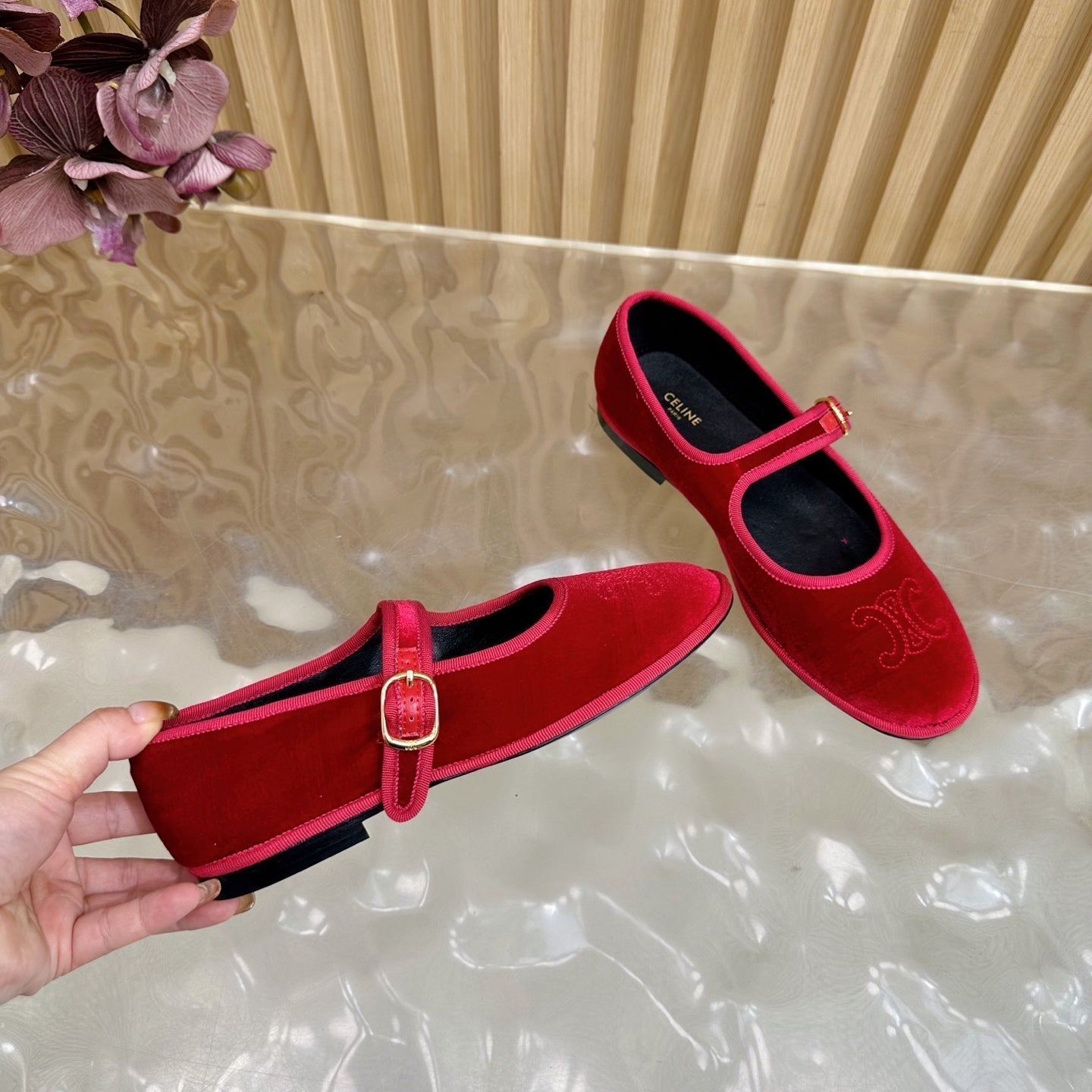 Celine 26s Mary Jane Flats In Red Velvet