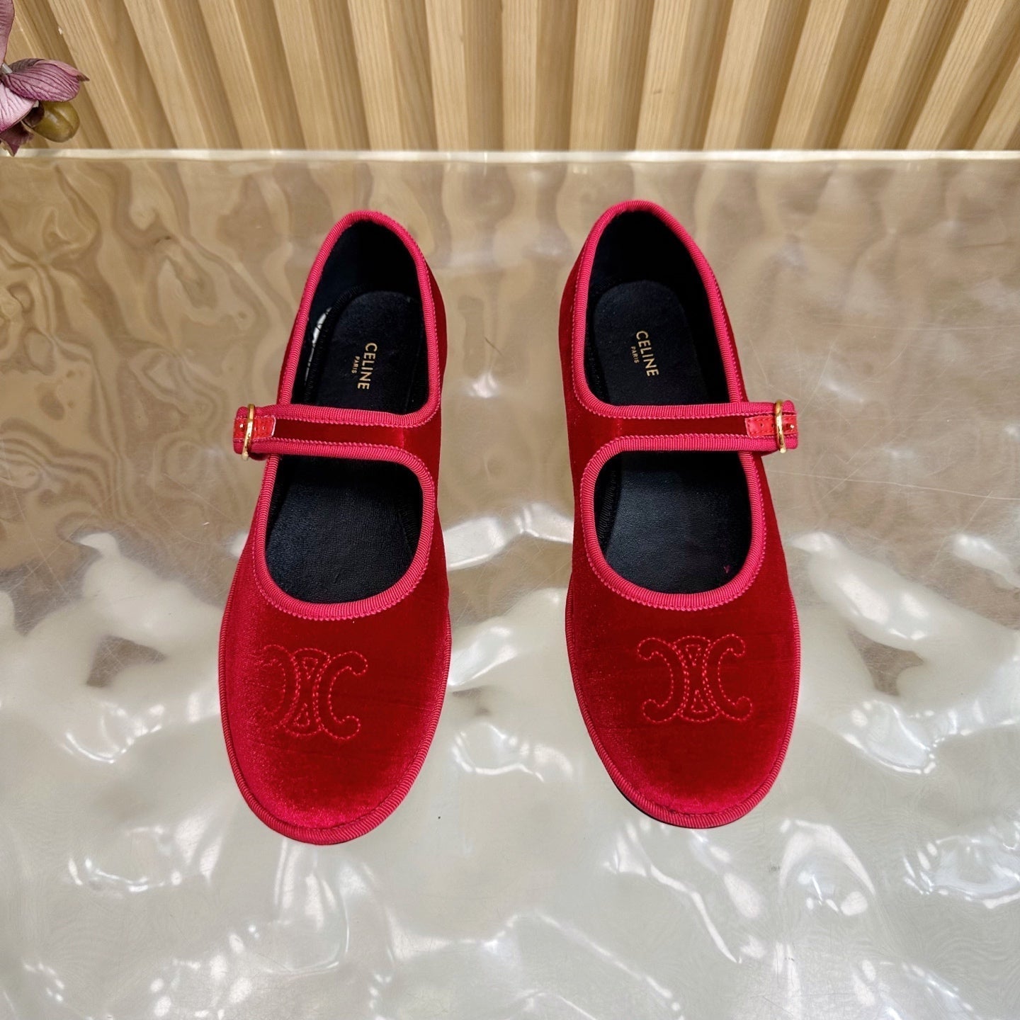 Celine 26s Mary Jane Flats In Red Velvet