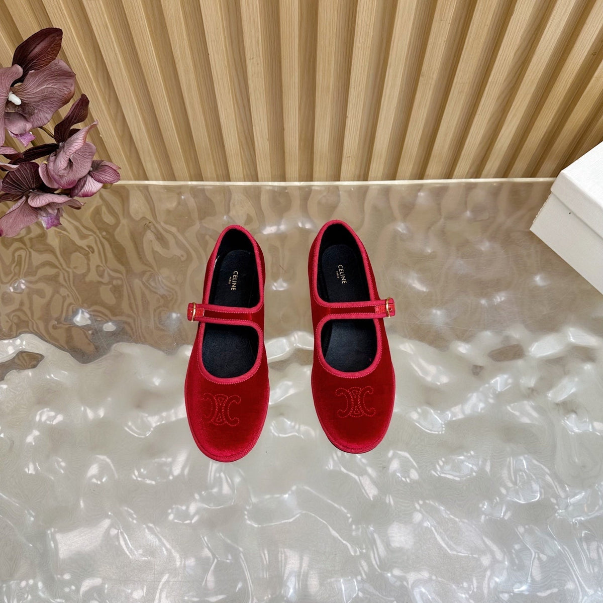 Celine 26s Mary Jane Flats In Red Velvet