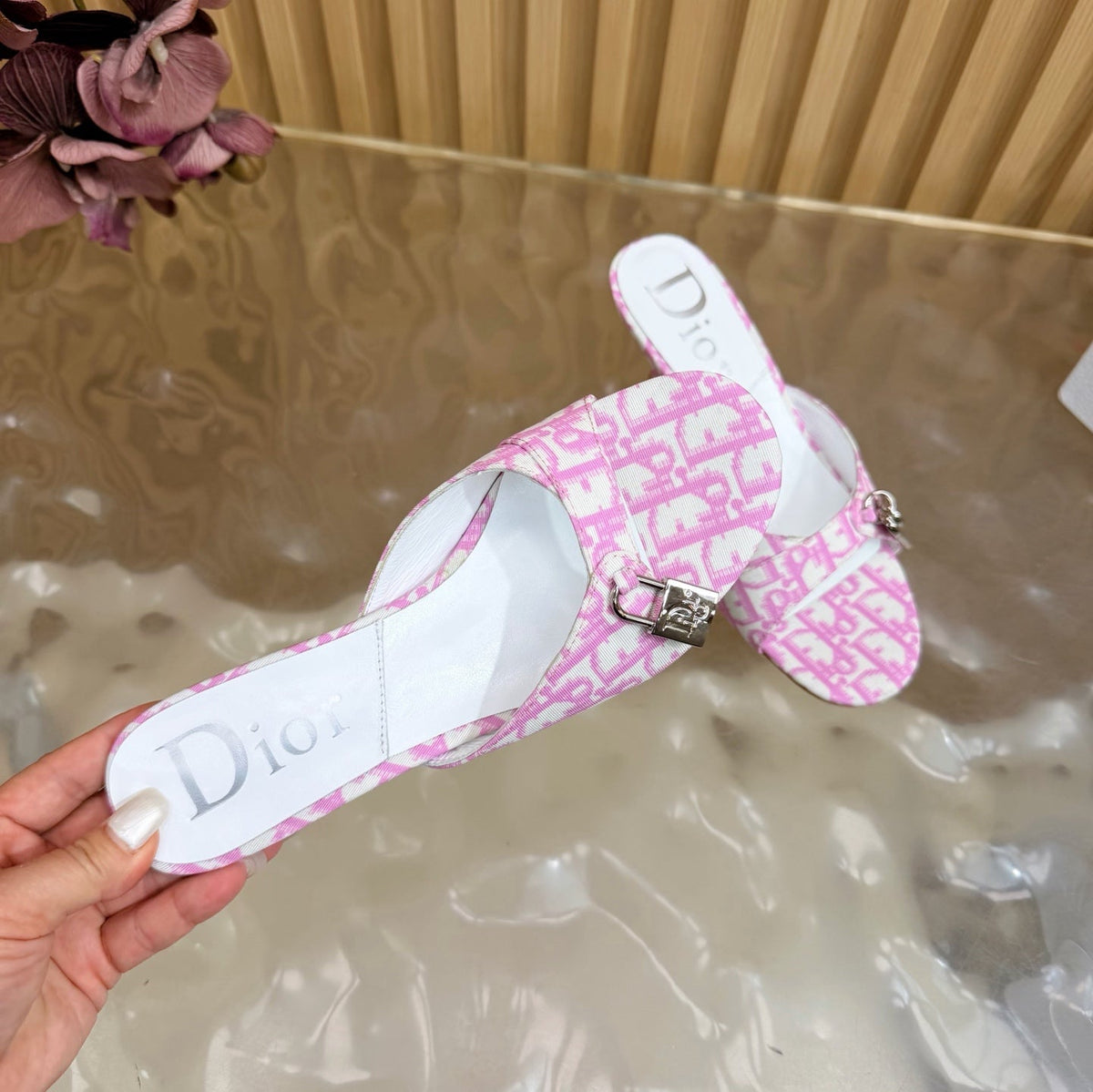 CD Half-Length Mule Heels White Pink Denim Leather 884811