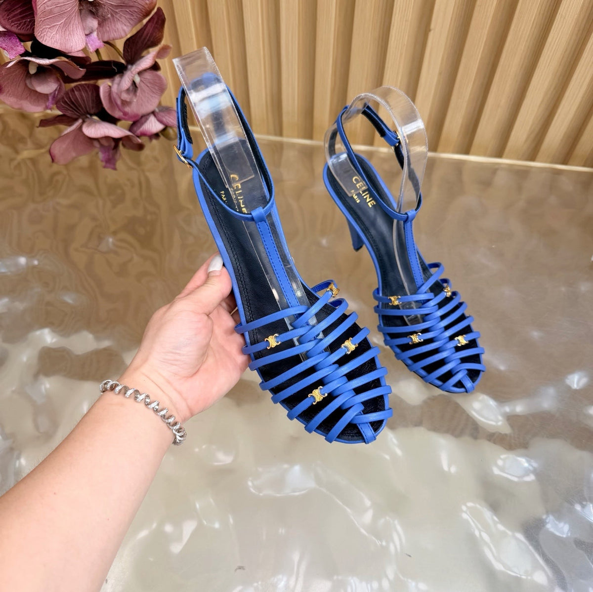Celine 26s Cage Heeled Sandals Blue Lambskin 898119