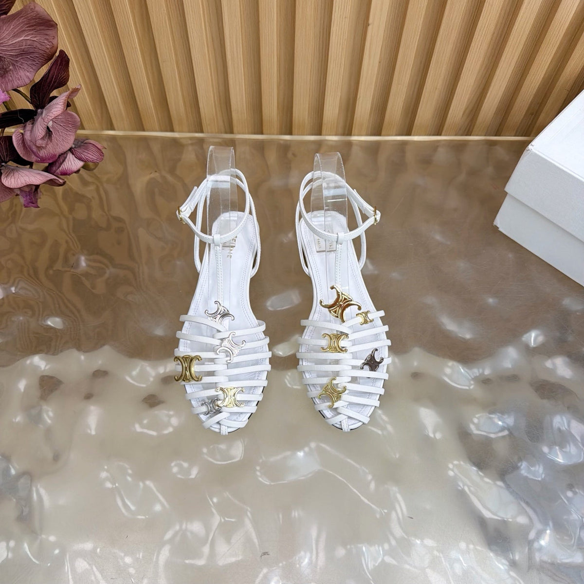 Celine 26s Cage Flat Sandals White Lambskin 898120