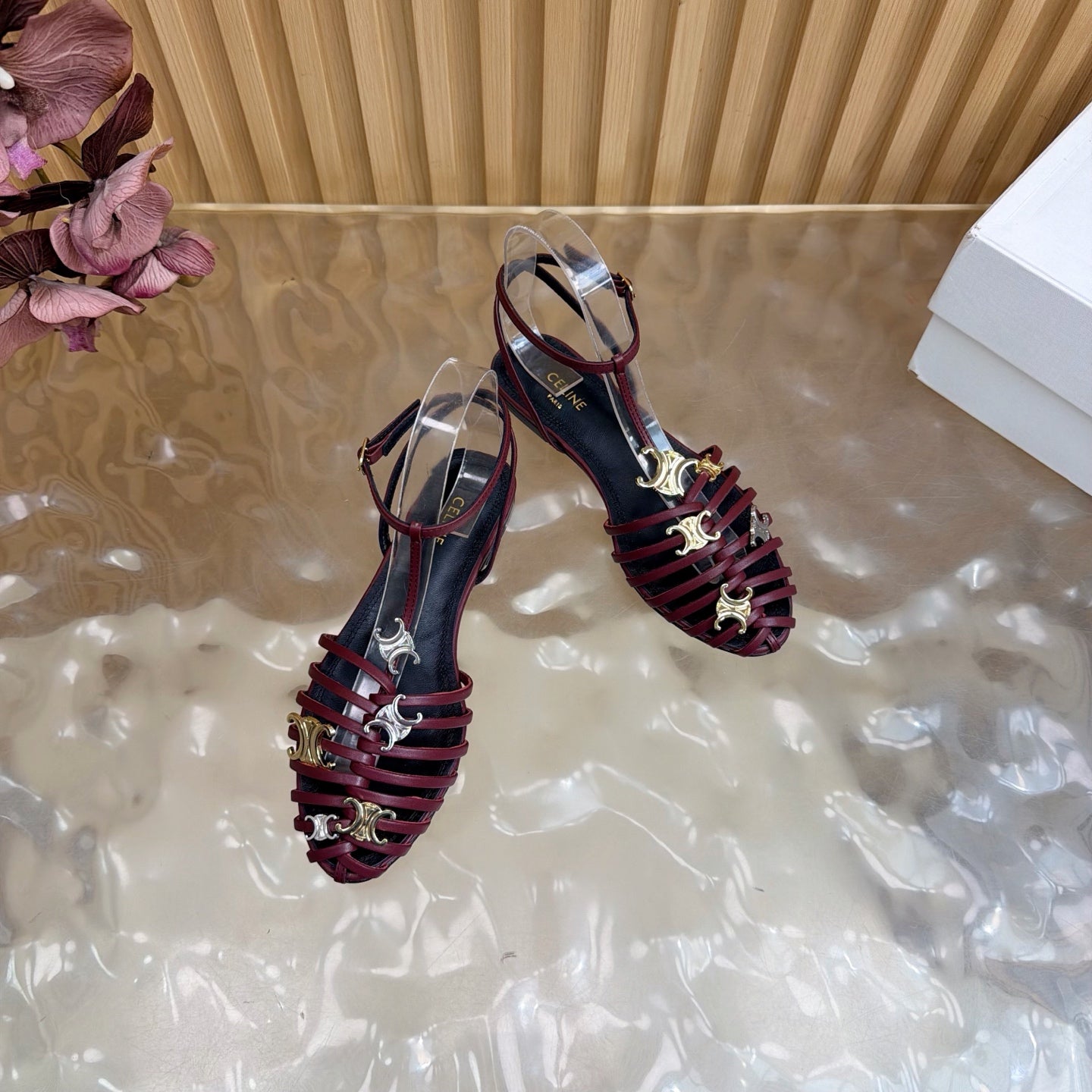 Celine 26s Cage Flat Sandals Burgundy Lambskin 898122