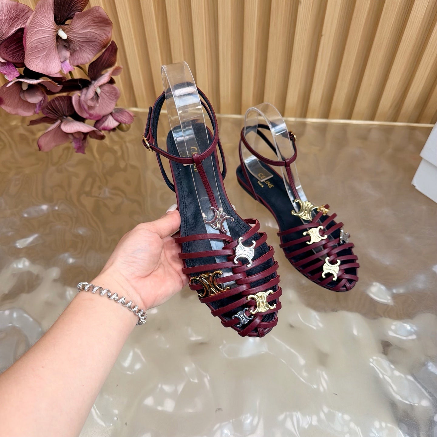Celine 26s Cage Flat Sandals Burgundy Lambskin 898122