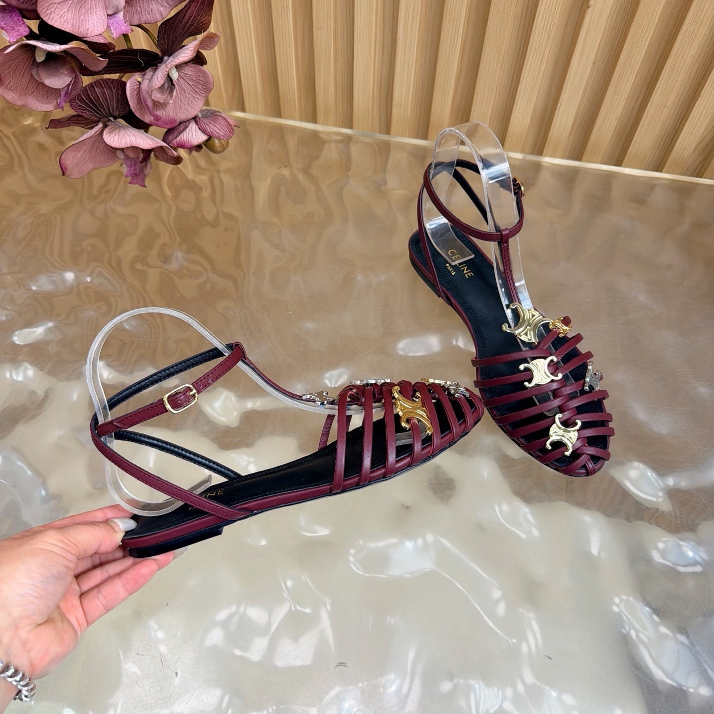 Celine 26s Cage Flat Sandals Burgundy Lambskin 898122