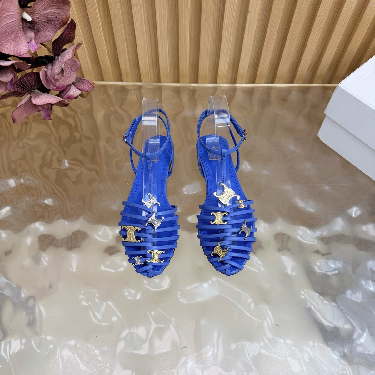 Celine 26s Cage Flat Sandals Blue Lambskin 898124