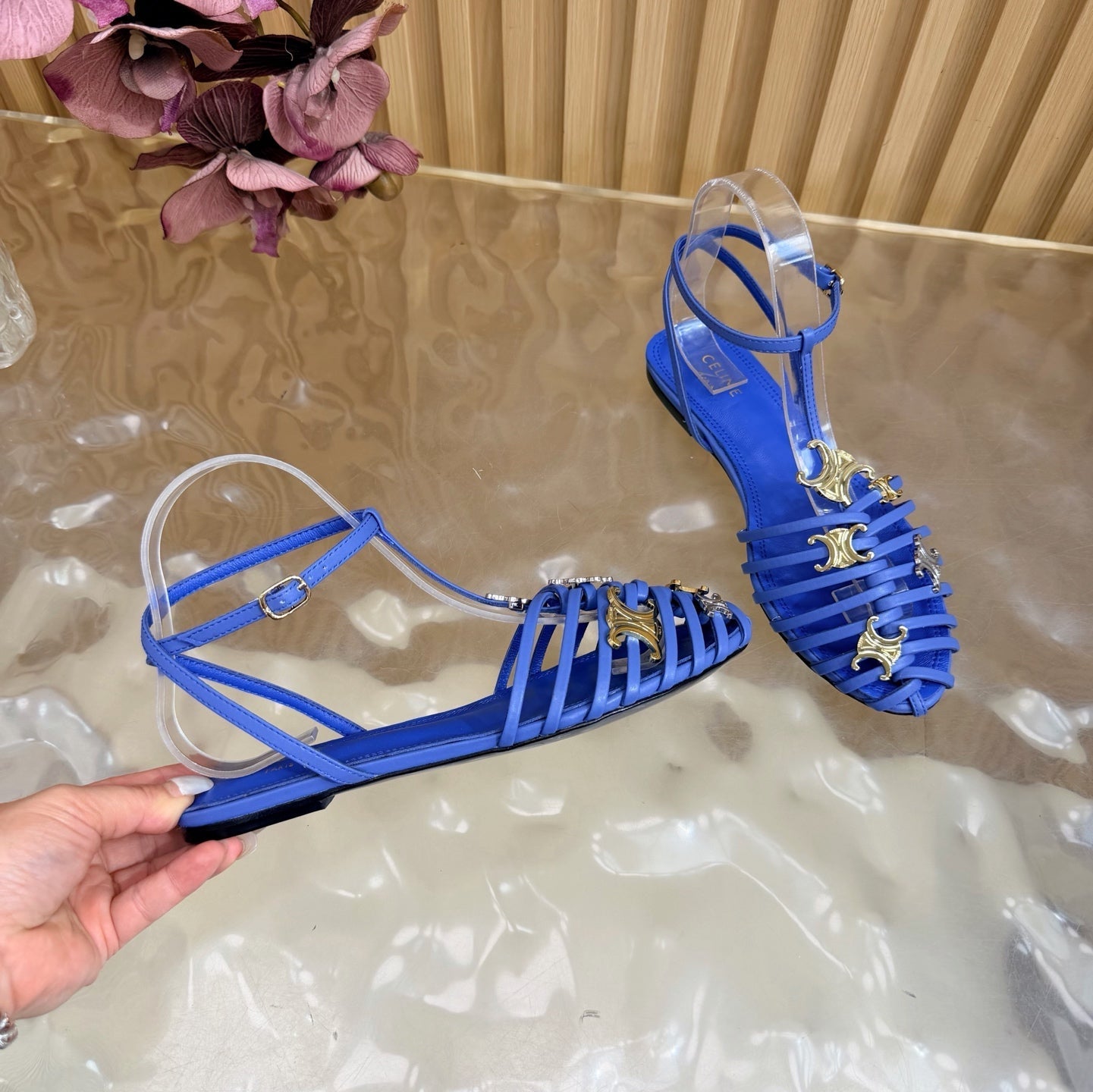 Celine 26s Cage Flat Sandals Blue Lambskin 898124