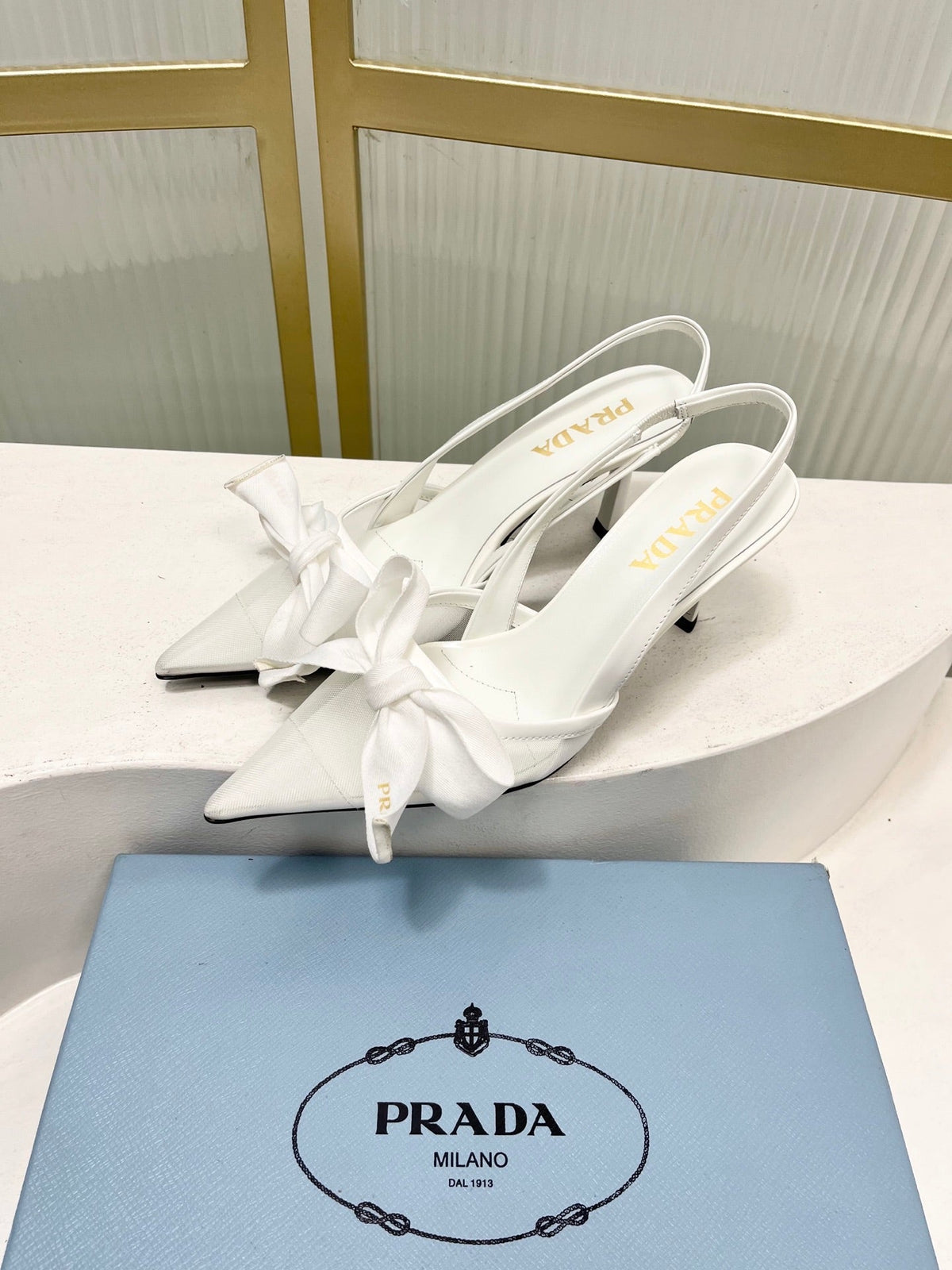 Prada Mesh Stiletto Sandals 7.5 White Sheepskin 606007