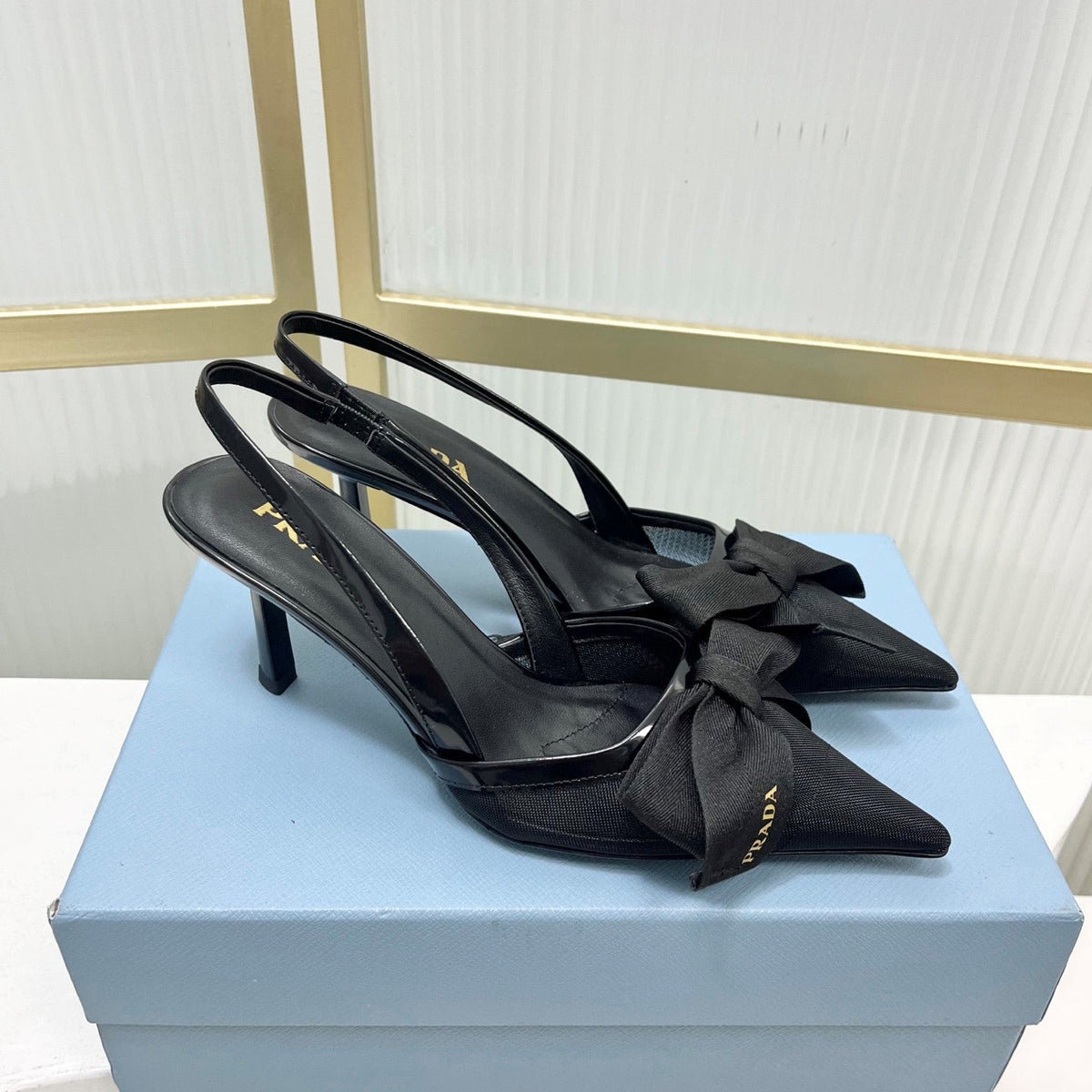 Prada Mesh Stiletto Sandals 7.5 Black Sheepskin 606008