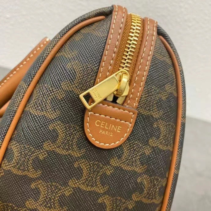 Celine Small Boston Bag Triomphe Black Brown Canvas & Calfskin