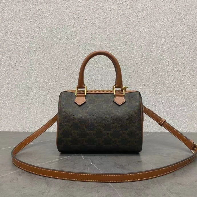 Celine Small Boston Bag Triomphe Black Brown Canvas & Calfskin