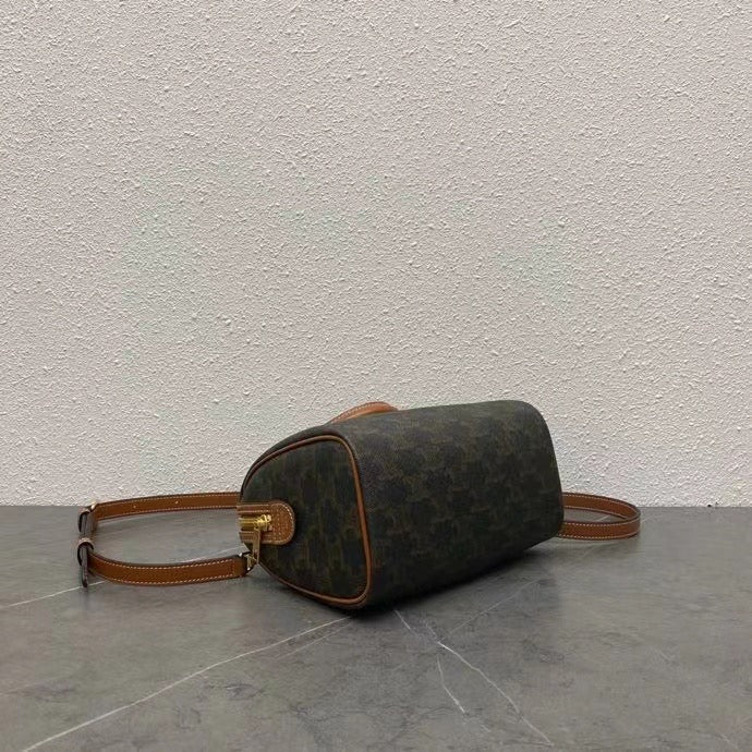 Celine Small Boston Bag Triomphe Black Brown Canvas & Calfskin