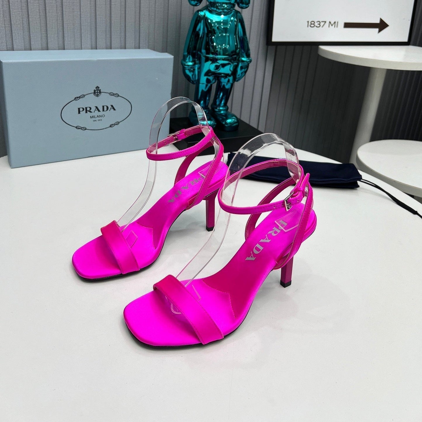 Prada 26s Ankle Strap Sandals Stiletto Heel 80mm In Fuchsia Pink Satin