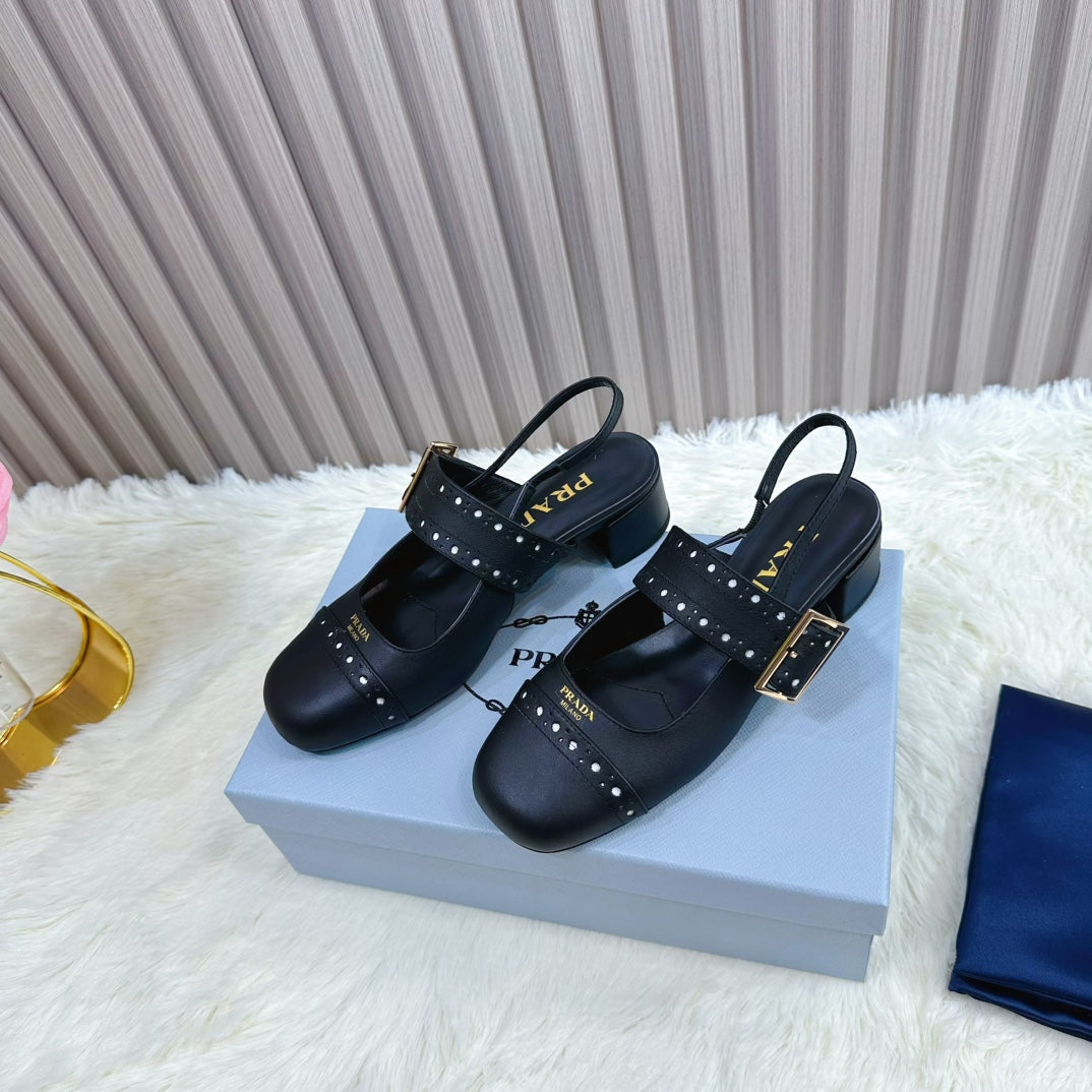 Prada 26s Square Toe Studded Slingback Block Heel 40mm In Black Calfskin