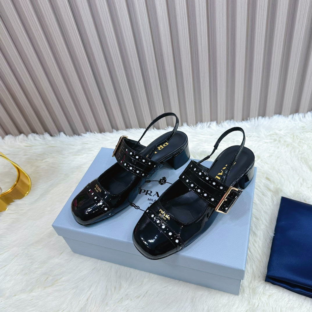 Prada 26s Square Toe Studded Slingback Block Heel 40mm In Black Patent Calfskin