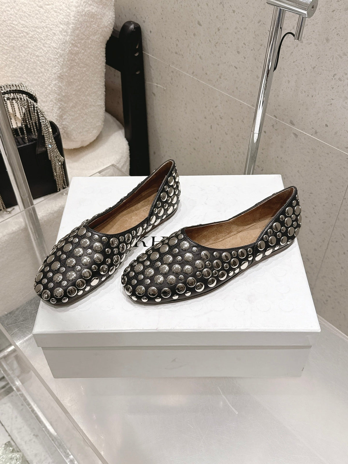 Celine 26s Flat Shoes In Toffee Brown Suede With Metal Studs
