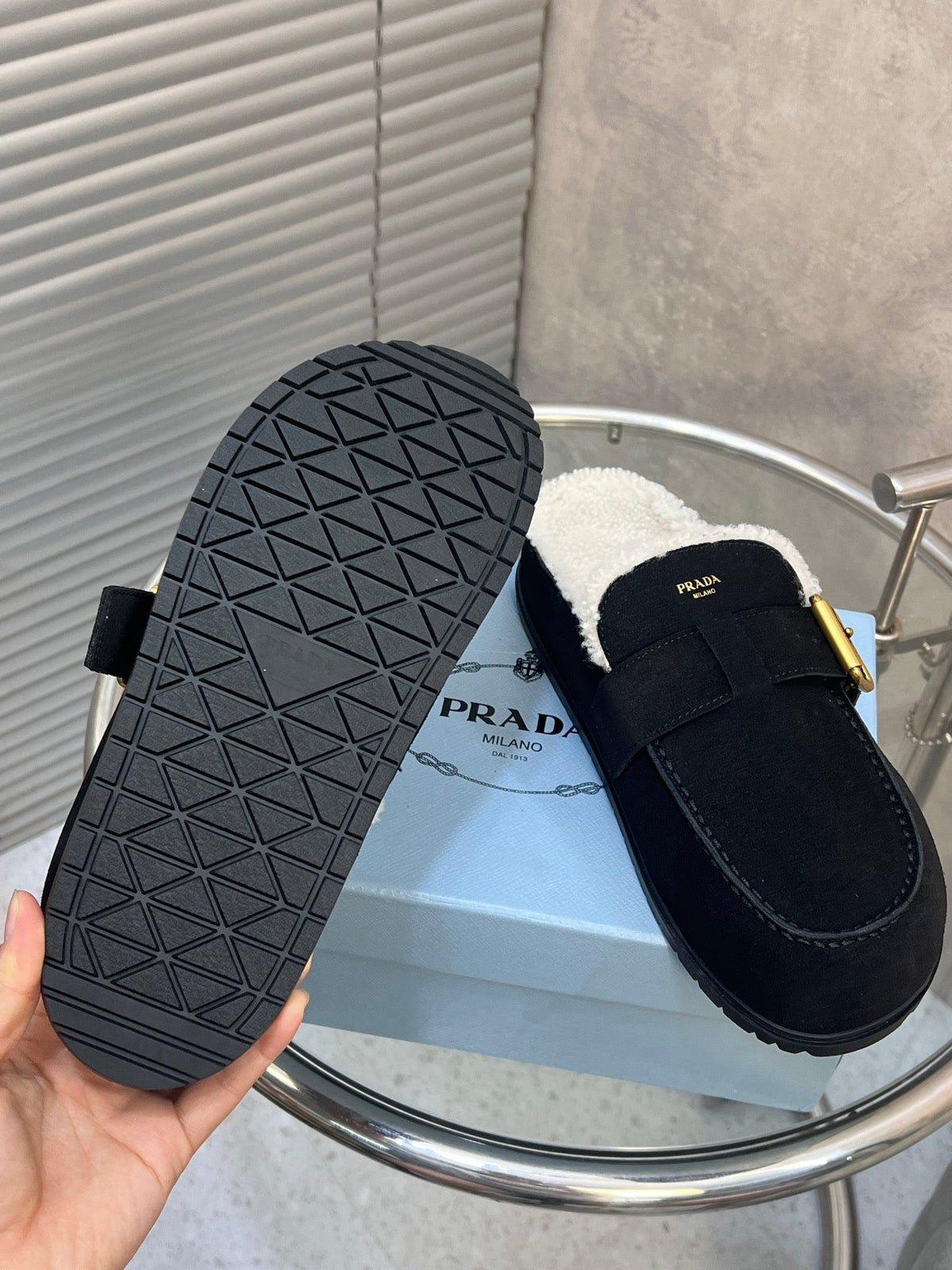 Prada 26s Mules Black Suede Shearing 952903