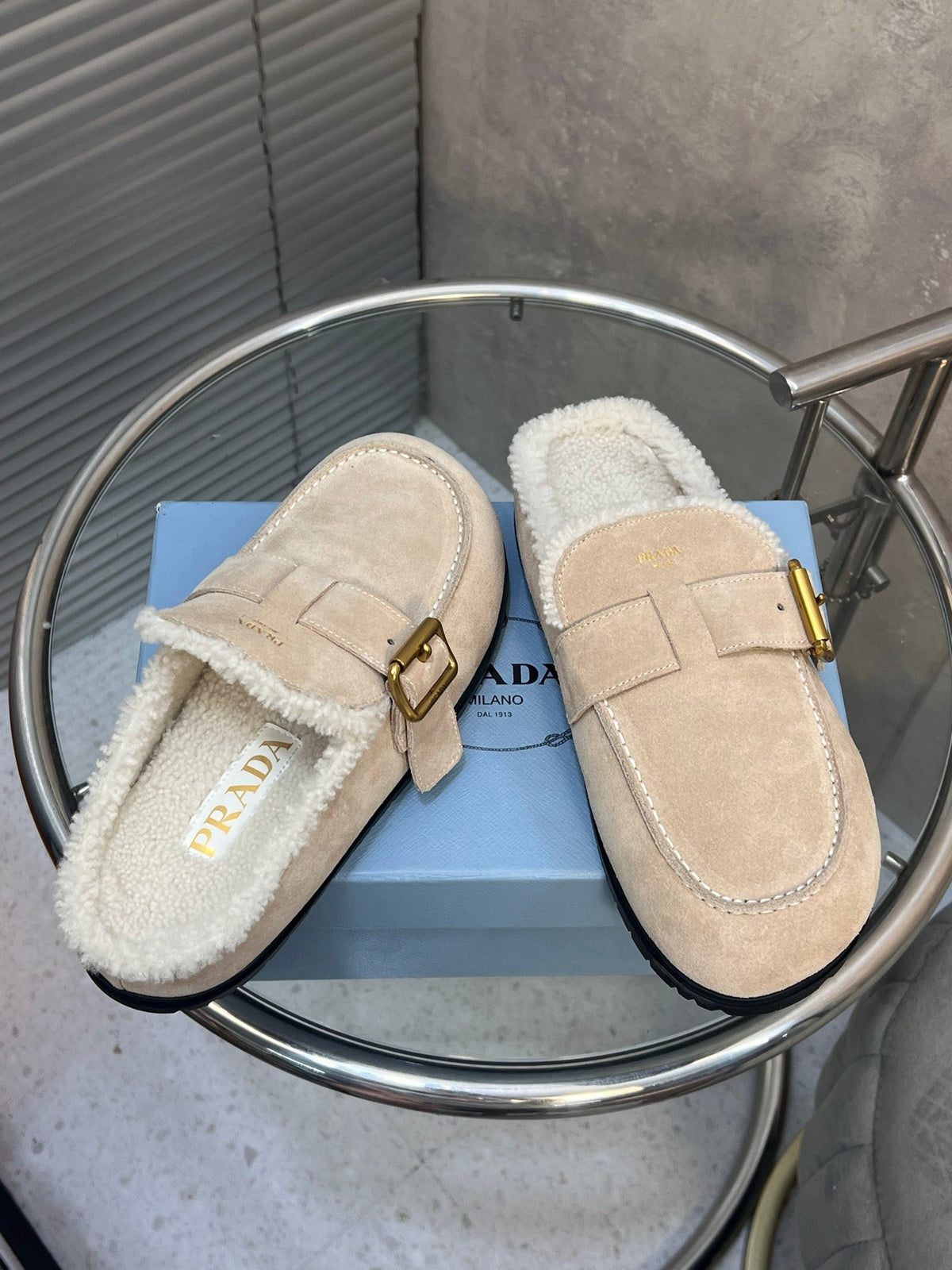 Prada 26s Mules Desert Beige Suede Shearing 952904