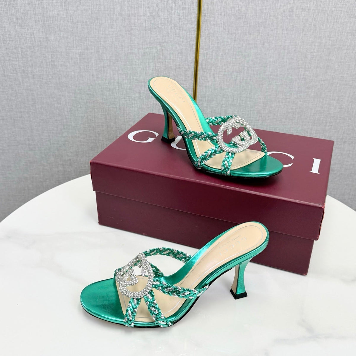 GG 26s Sandals 6.5cm With Crystal Interlocking G Teal Green Leather 639951