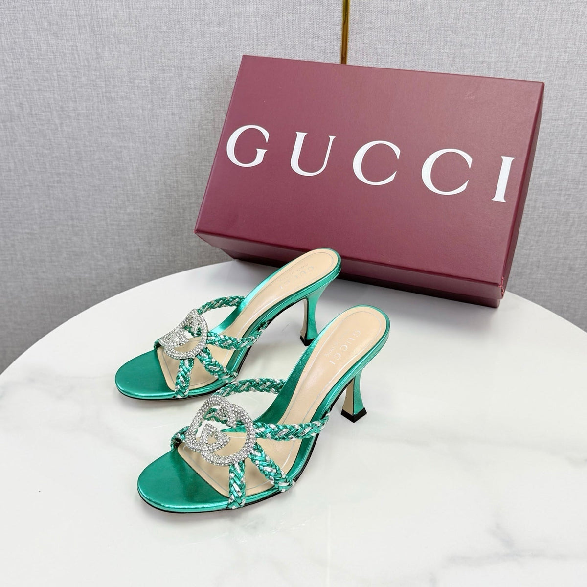 GG 26s Sandals 6.5cm With Crystal Interlocking G Teal Green Leather 639951