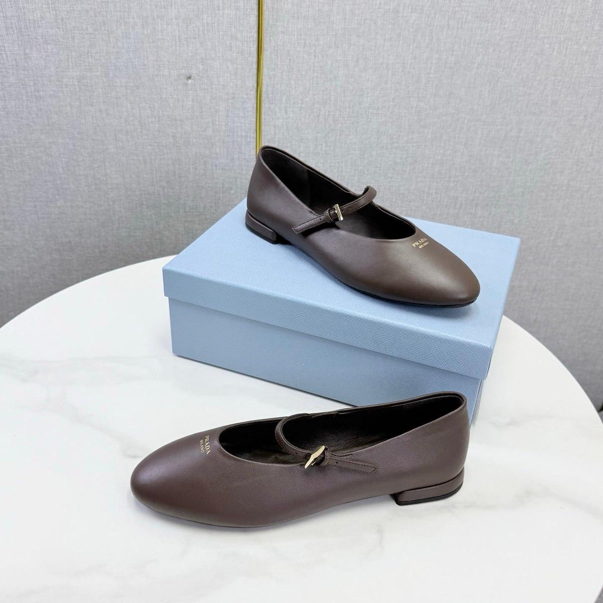 Prada 26s Ballerina Flats Strap With Buckle Brown Burgundy Nappa Leather 973280