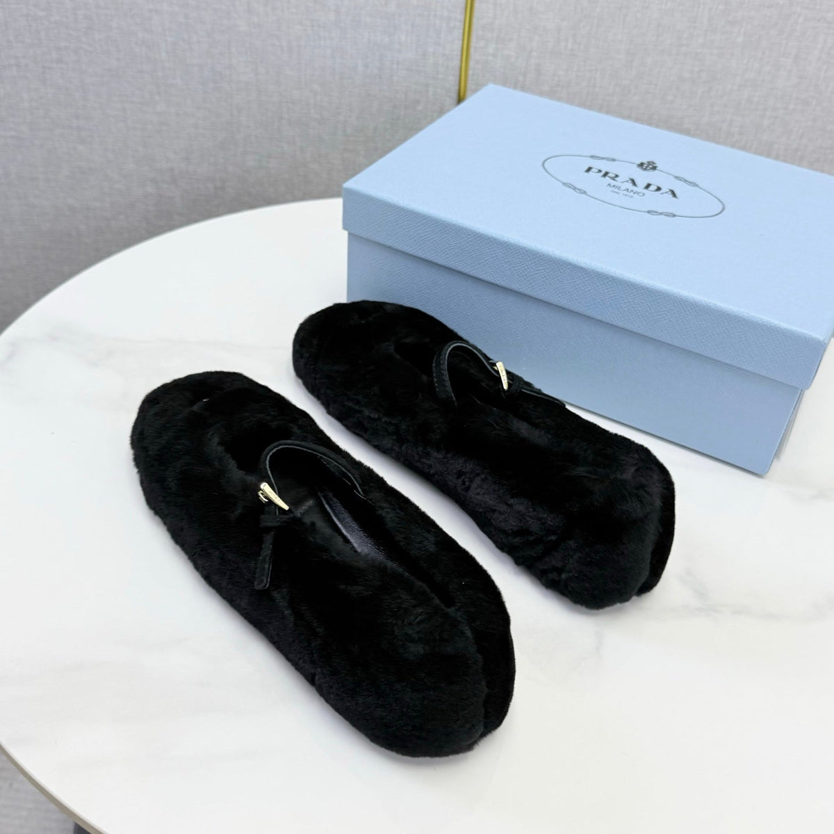 Prada 26s Ballerina Flats Strap With Buckle Black Fur 973283