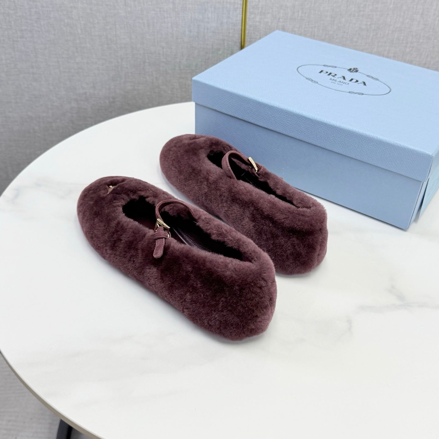 Prada 26s Ballerina Flats Strap With Buckle Burgundy Fur 973285