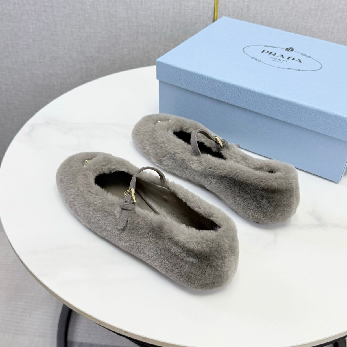 Prada 26s Ballerina Flats Strap With Buckle Grey Fur 973287
