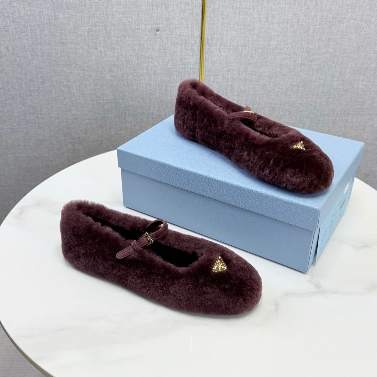 Prada 26s Ballerina Flats Strap With Buckle Burgundy Fur 973285