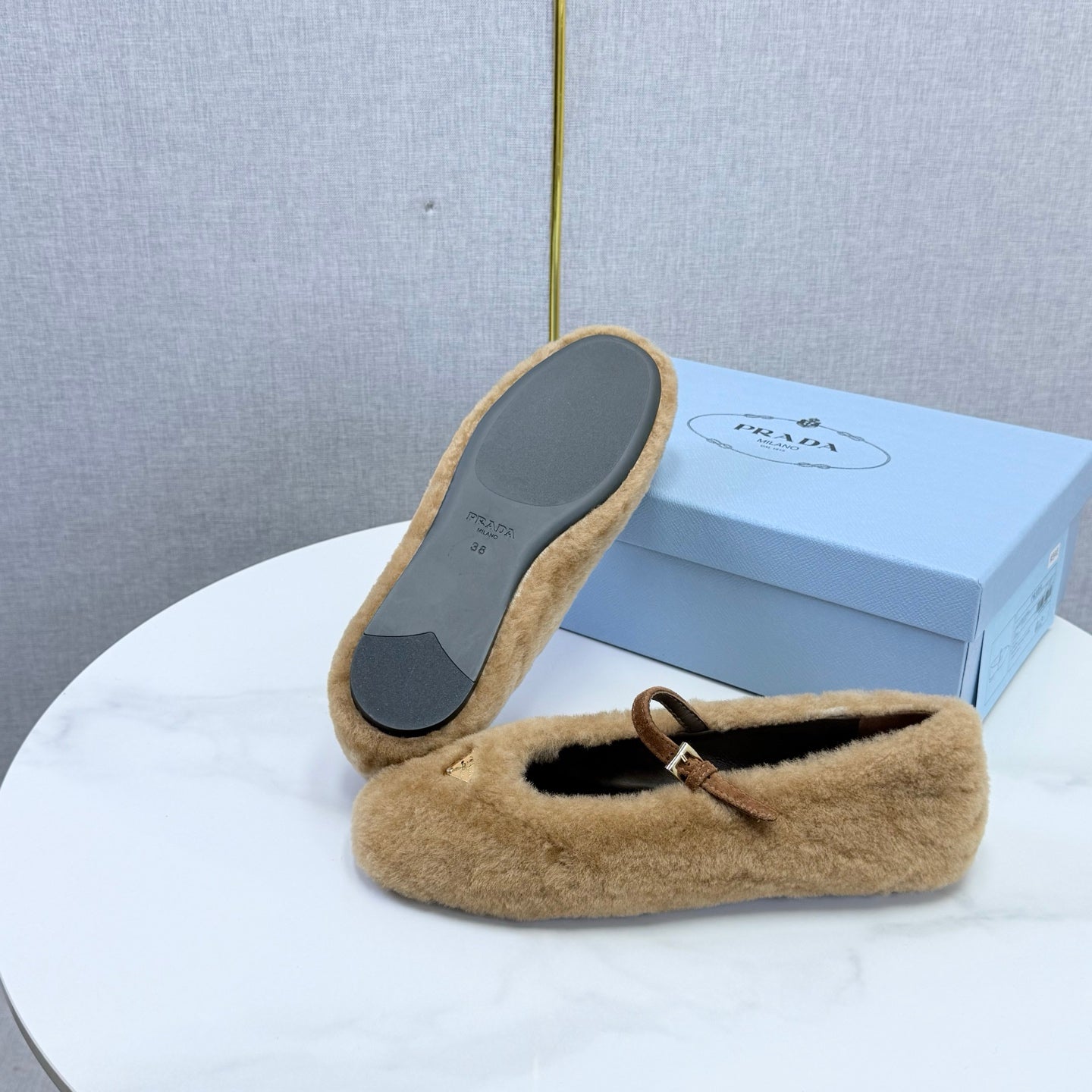 Prada 26s Ballerina Flats Strap With Buckle Khaki Fur 973288