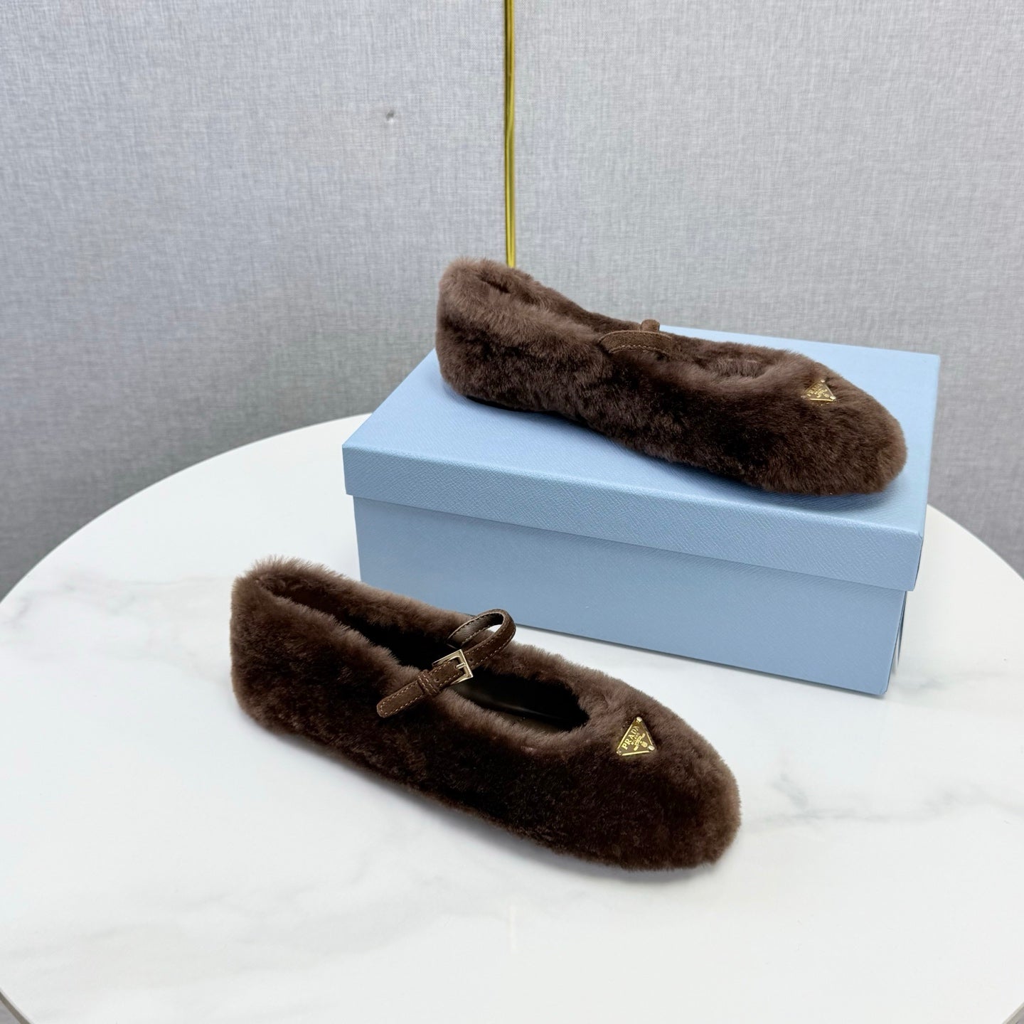 Prada 26s Ballerina Flats Strap With Buckle Brown Fur 973289
