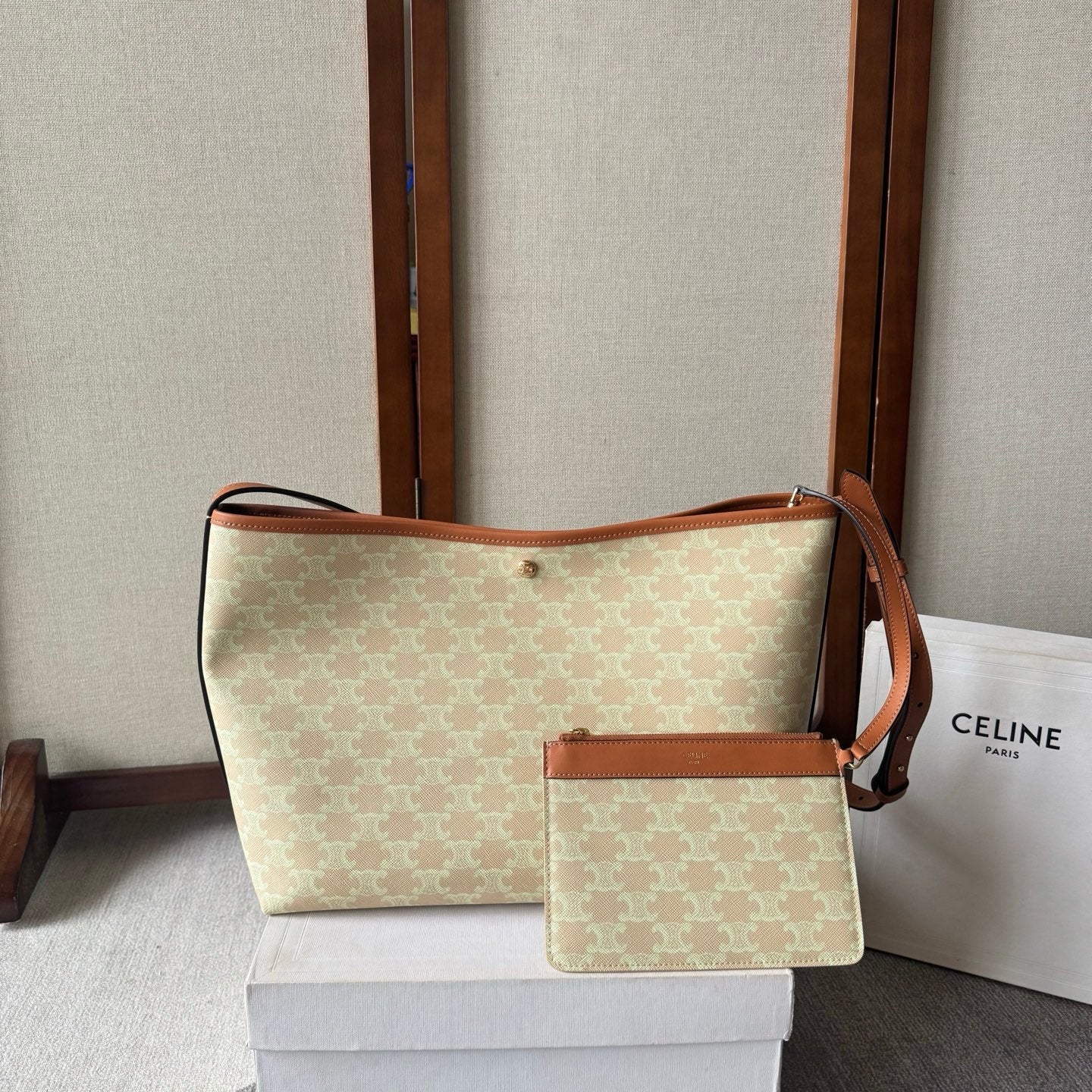 Celine Soft Shopper Bag in Triomphe Brown White Canvas and Calfskin