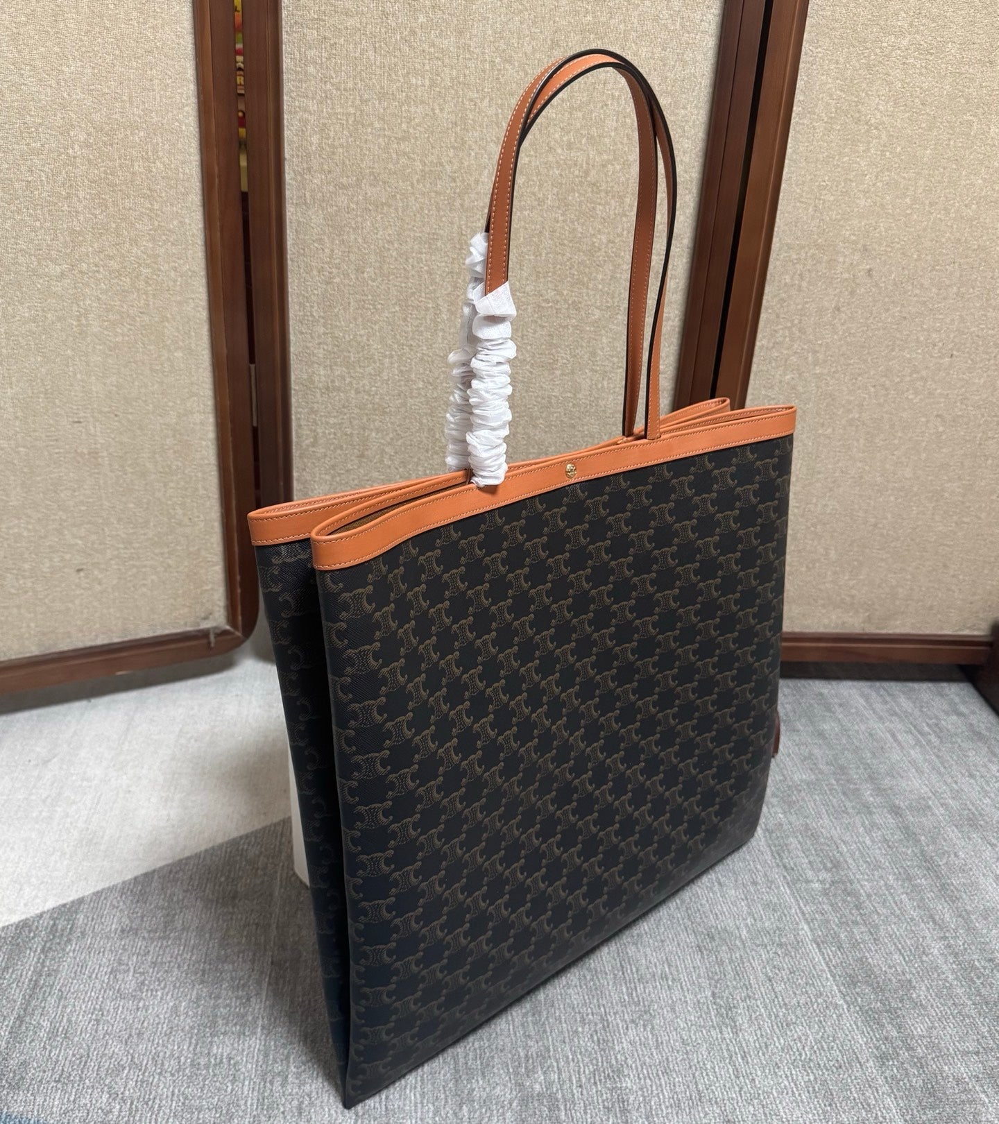 Celine Large Flat Shopper Black Brown Triomphe Canvas Calfskin