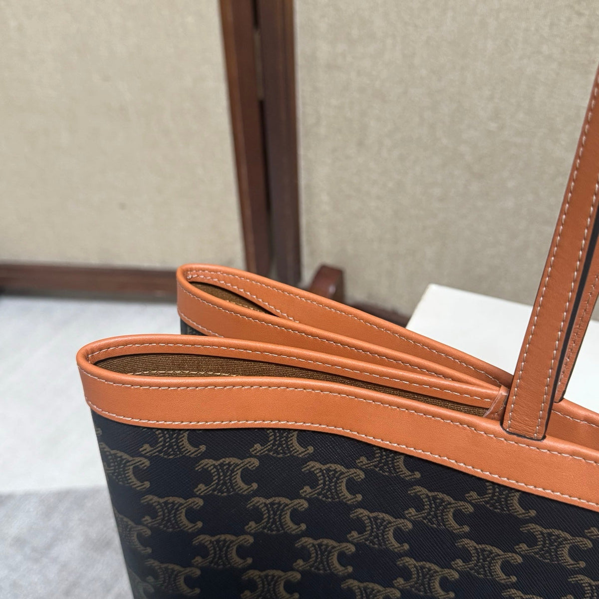 Celine Large Flat Shopper Black Brown Triomphe Canvas Calfskin