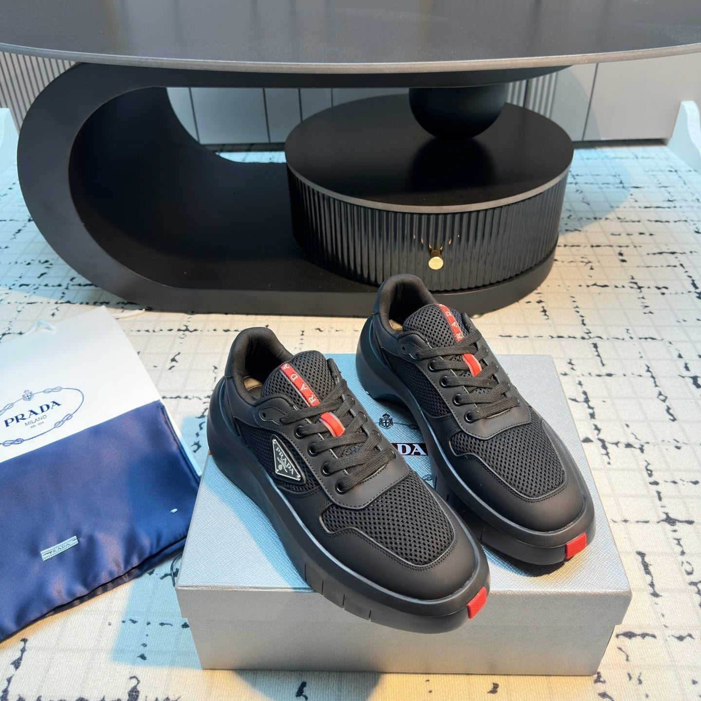 Prada 25s Platform Sneakers Black Cowhide 538424