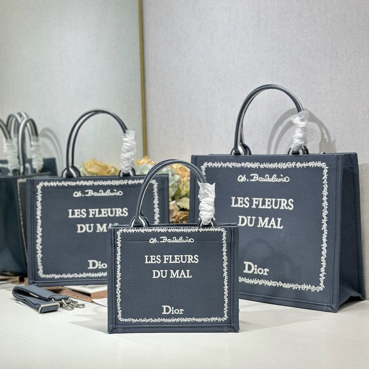 CD Les Fleurs du Mal Book Tote Grey Canvas