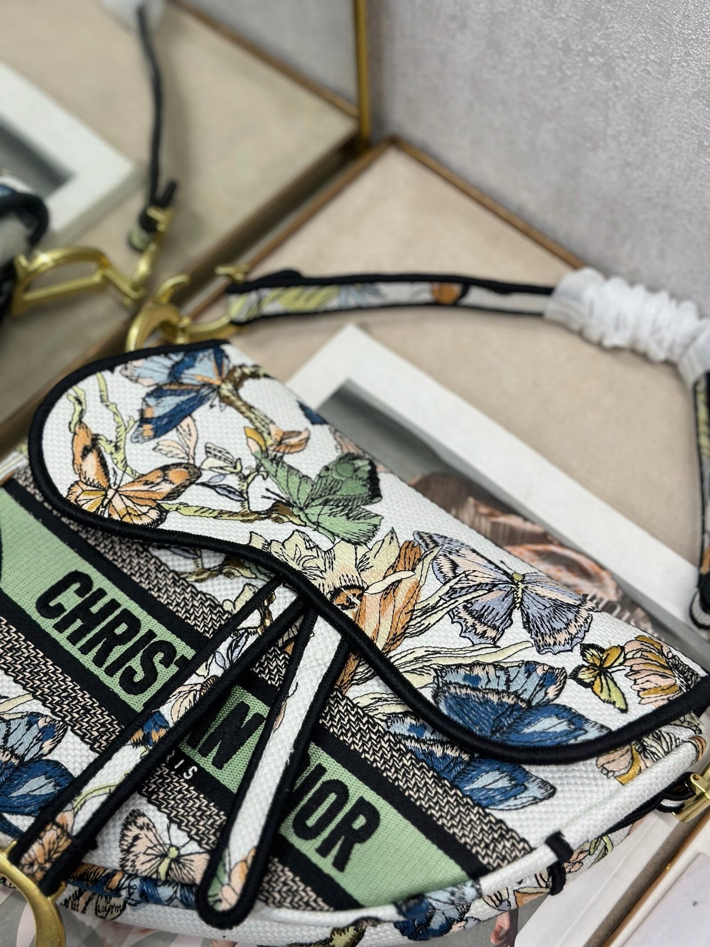 CD Saddle Bag 25.5cm Black Green White Butterfly Embroidery Canvas