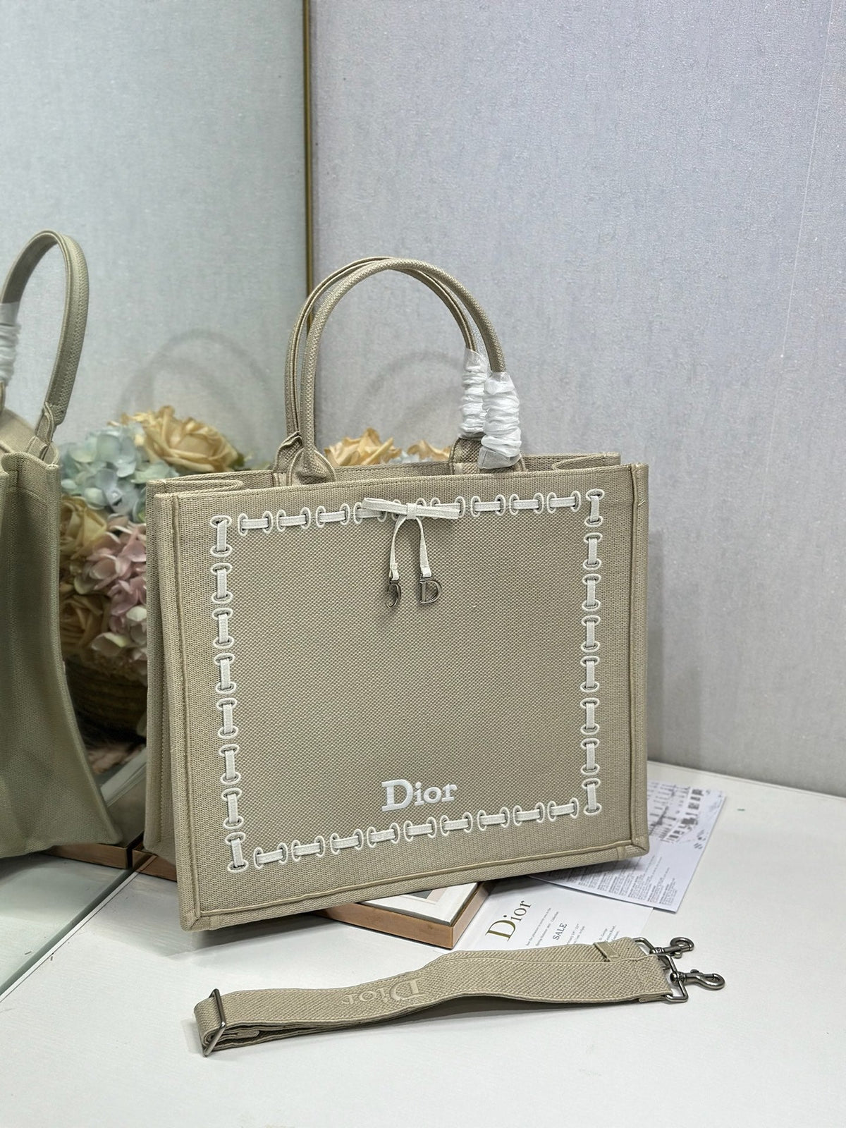 CD Book Tote Beige Embroidery and White Woven Grosgrain Ribbon