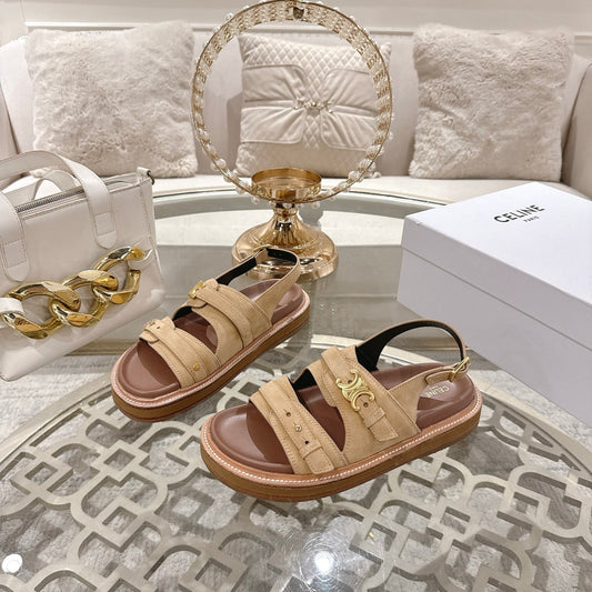 Celine Tippi Triomphe Sandals Beige Suede 736600