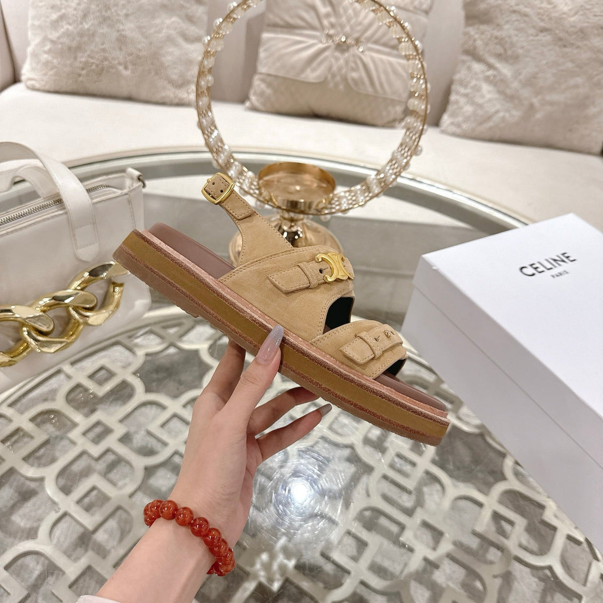 Celine Tippi Triomphe Sandals Beige Suede 736600