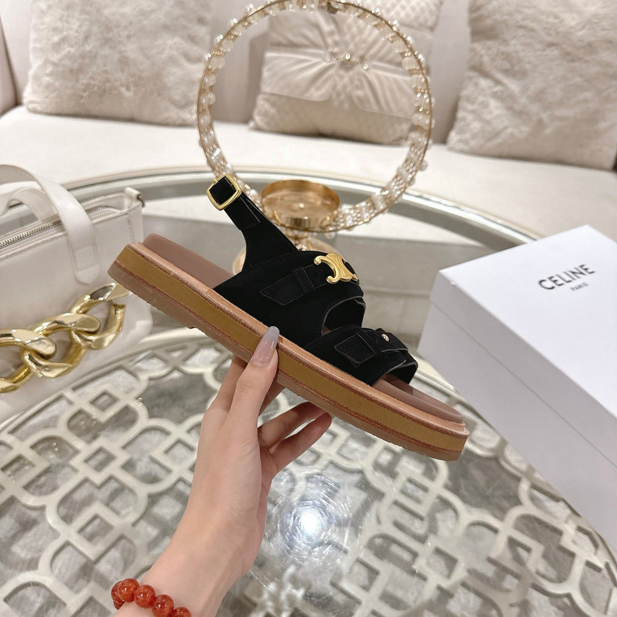 Celine Tippi Triomphe Sandals Black Suede 736601