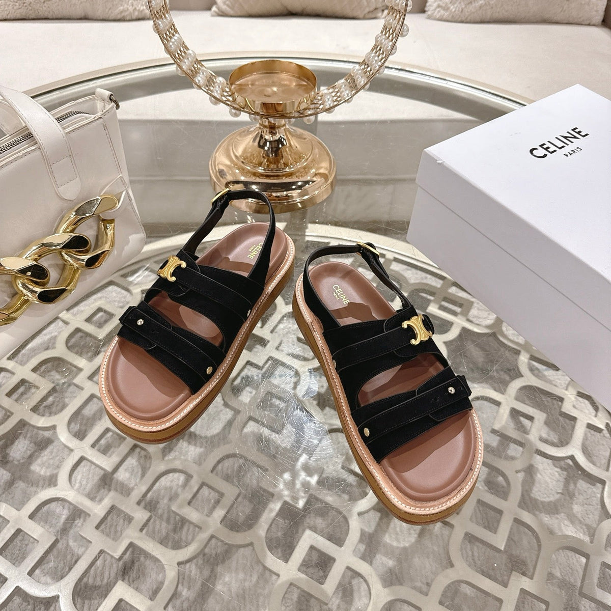 Celine Tippi Triomphe Sandals Black Suede 736601