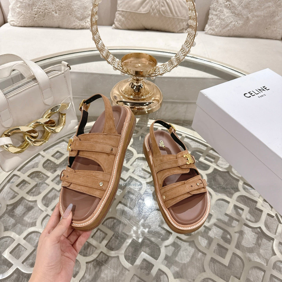 Celine Tippi Triomphe Sandals Brown Suede 736602