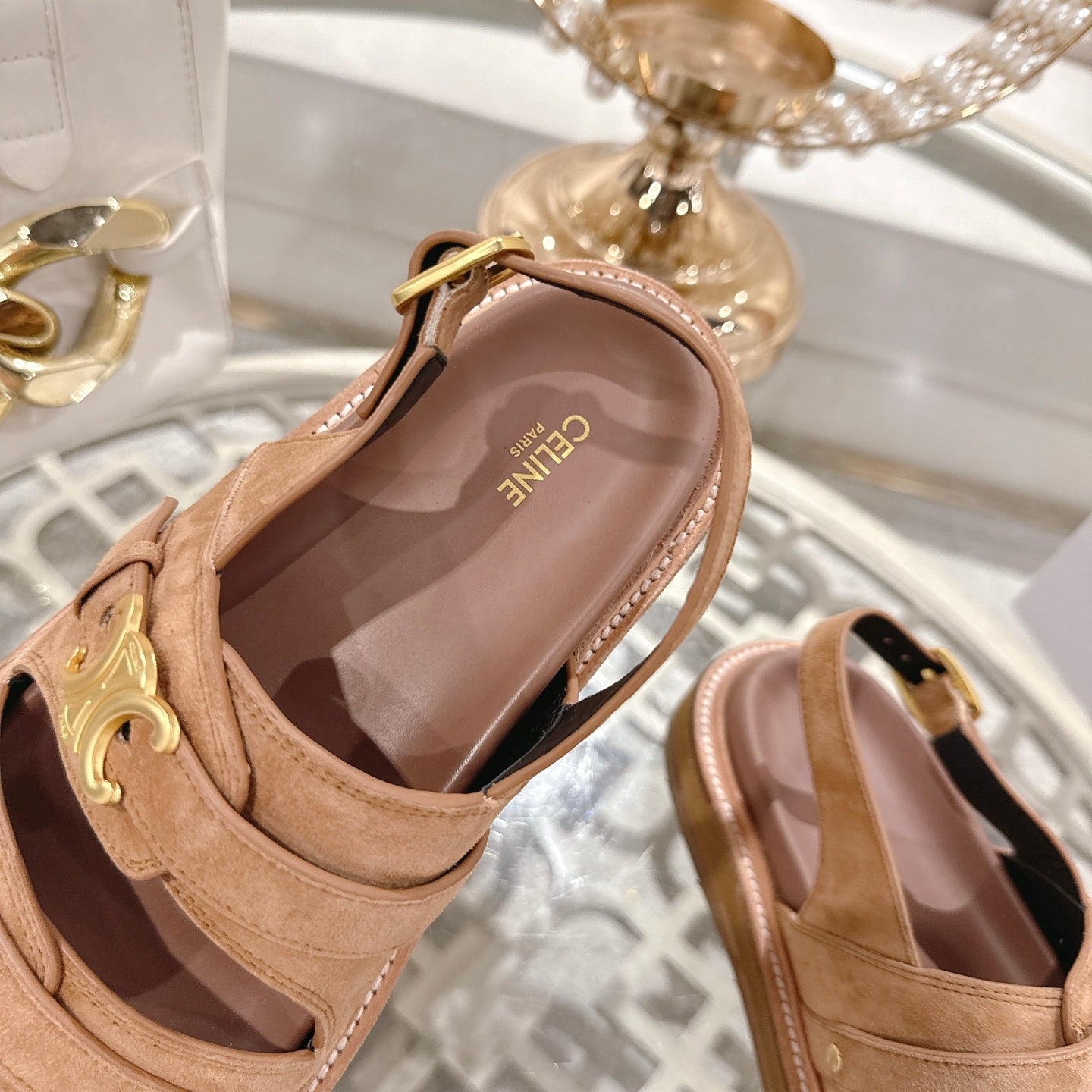 Celine Tippi Triomphe Sandals Brown Suede 736602