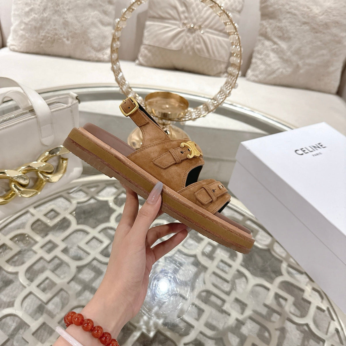Celine Tippi Triomphe Sandals Brown Suede 736602