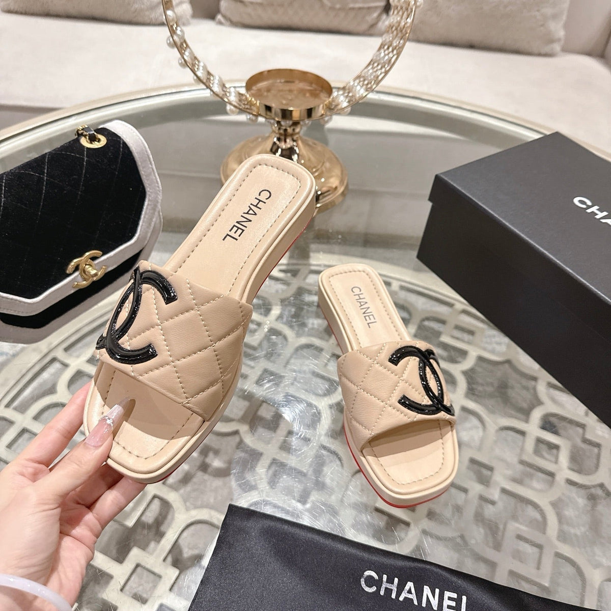 CC 26s Platform Slippers Beige Sheepskin 627070
