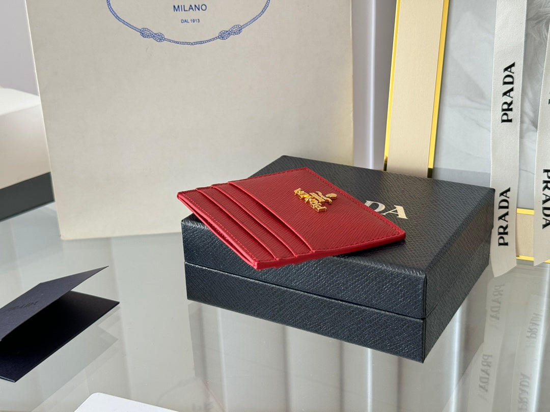Pra Gold Logo-Stamp Card Holder Red Saffiano Leather